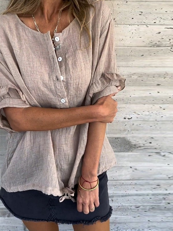 Women’s Blouse – Relaxed Fit – Ruffle Sleeve – Drawstring Hem – Natural Fibers