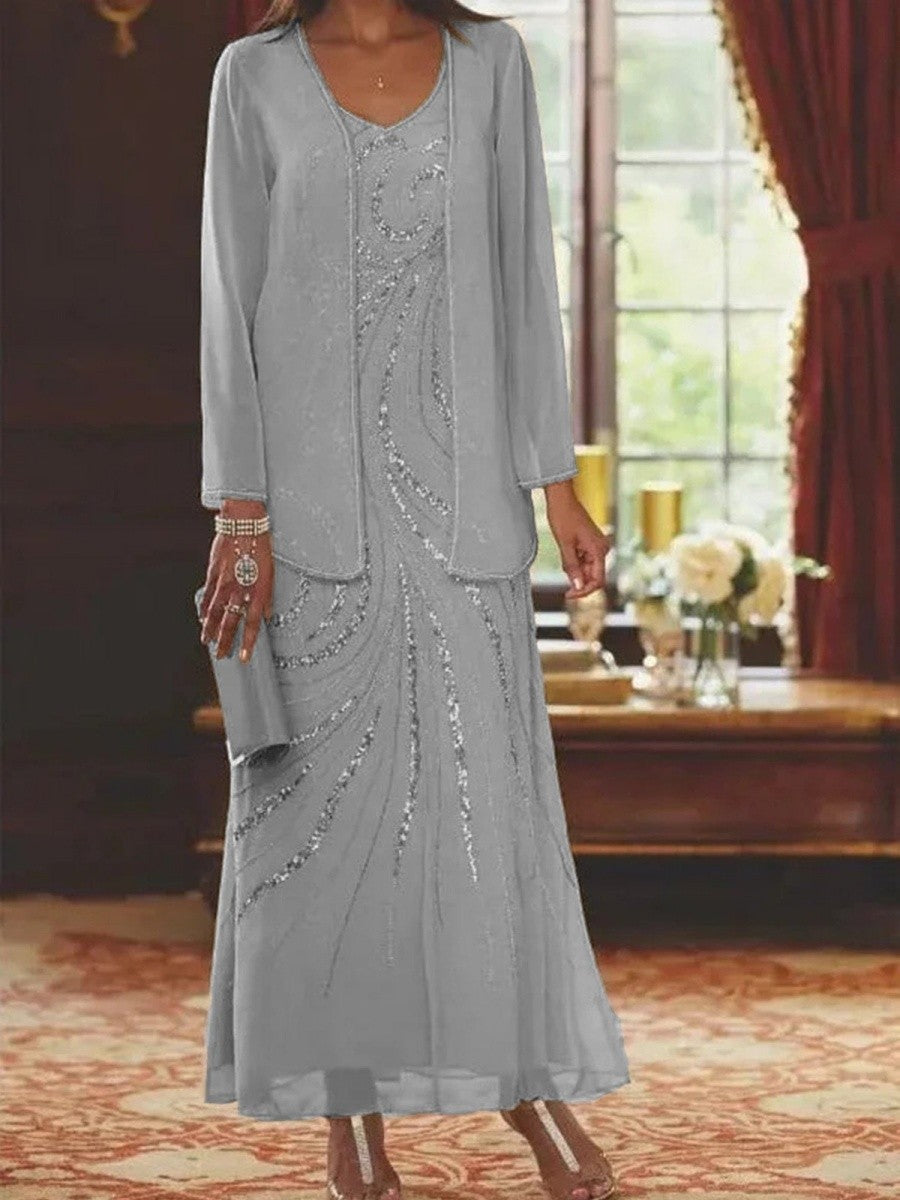 Women’s Sheath Dress with Jacket – V-Neck – Ankle Length – Embellished Luxury Fabric