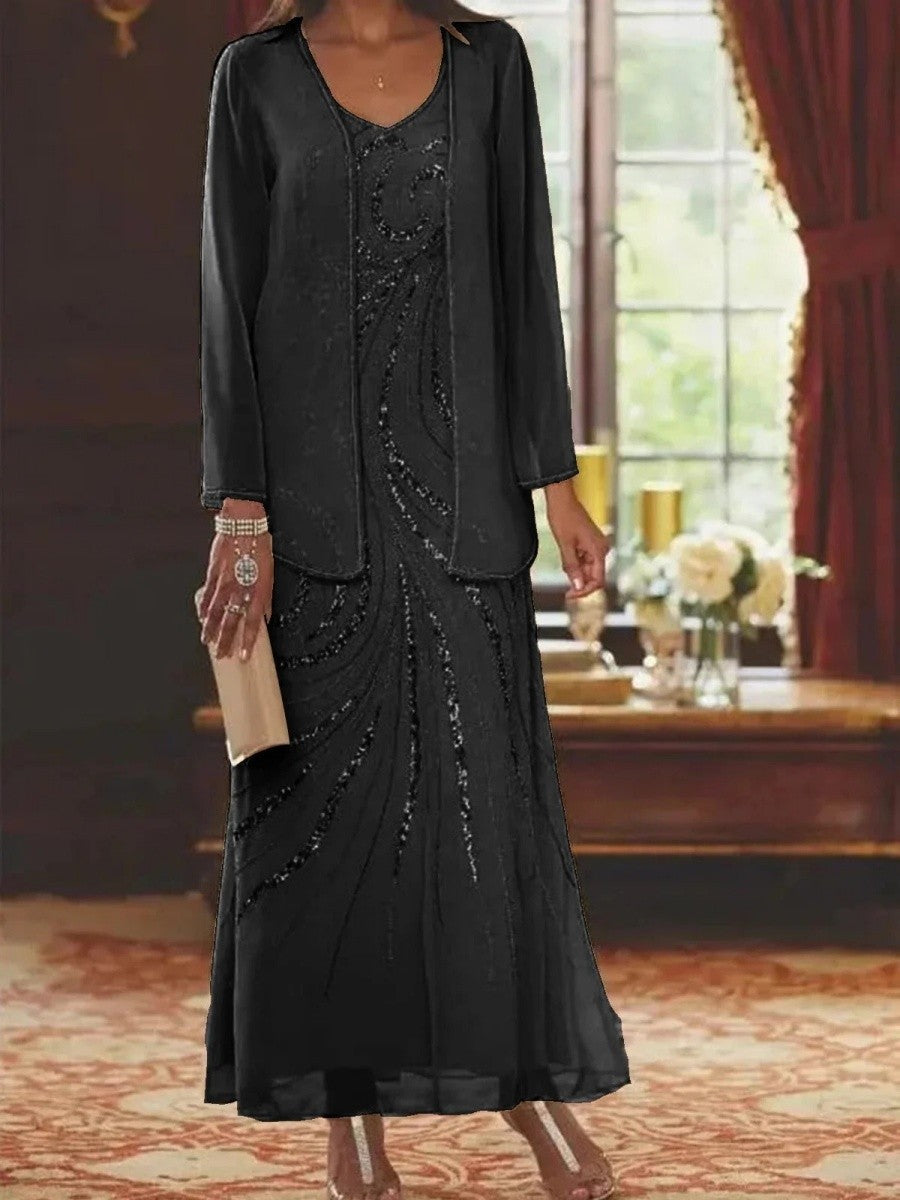 Women’s Sheath Dress with Jacket – V-Neck – Ankle Length – Embellished Luxury Fabric