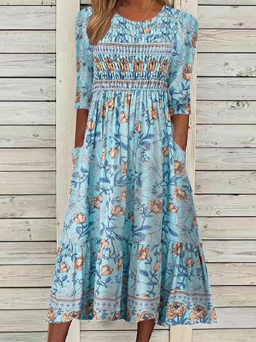 Women’s Midi Dress – Smocked Bodice – Puff Half Sleeves – Floral Print – Breathable Blend
