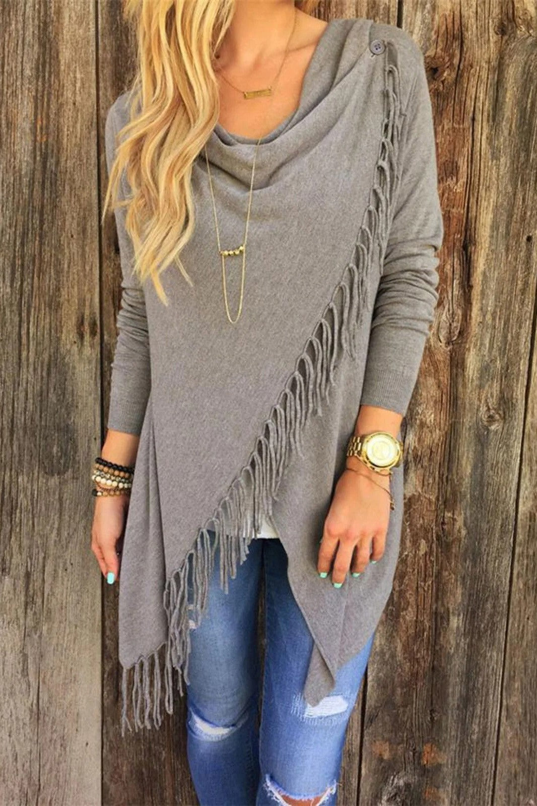 Women’s Sweater Cardigan – Relaxed Fit – Soft Knit – Tassel Trim – Asymmetric Hem