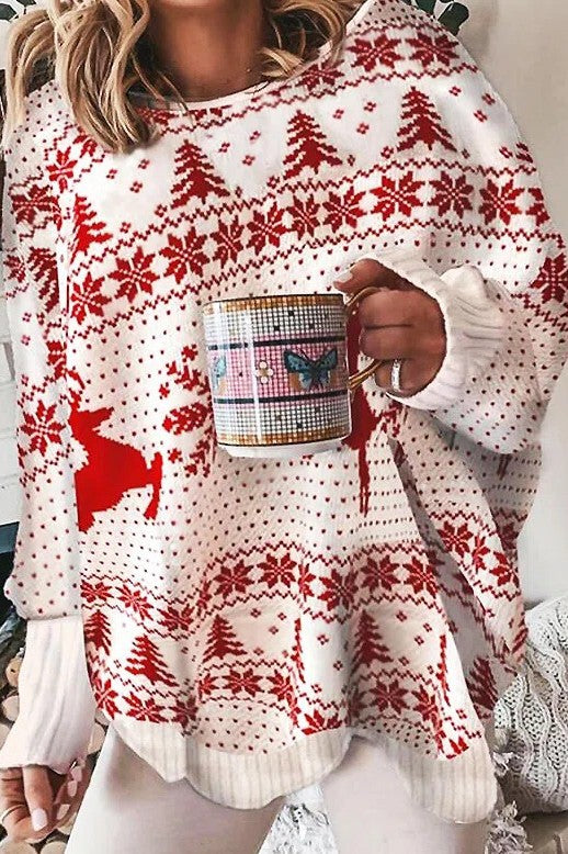Women’s Sweater – Wool Knit – Relaxed Fit – Crew Neck – Long Sleeve Festive Pattern