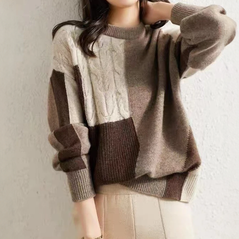Women's color-blocked twist thick knit semi-high neck sweater
