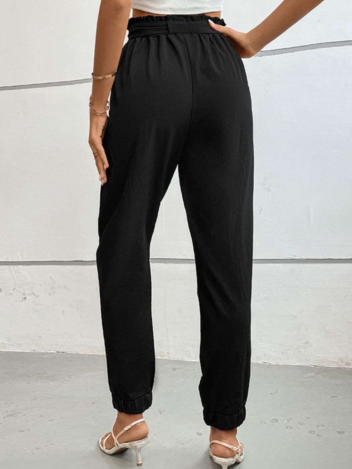 Women’s Paper Bag Trousers - High Waist - Tapered Leg - Tie Front - Relaxed Fit