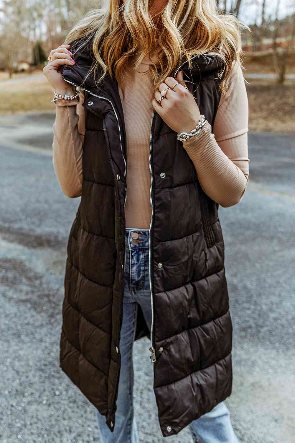 Paula - longline hooded sleeveless puffer vest