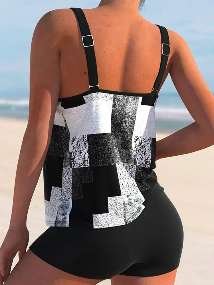 Women’s Tankini Top – Relaxed Fit – Double Strap – Geometric Print – Breathable Blend