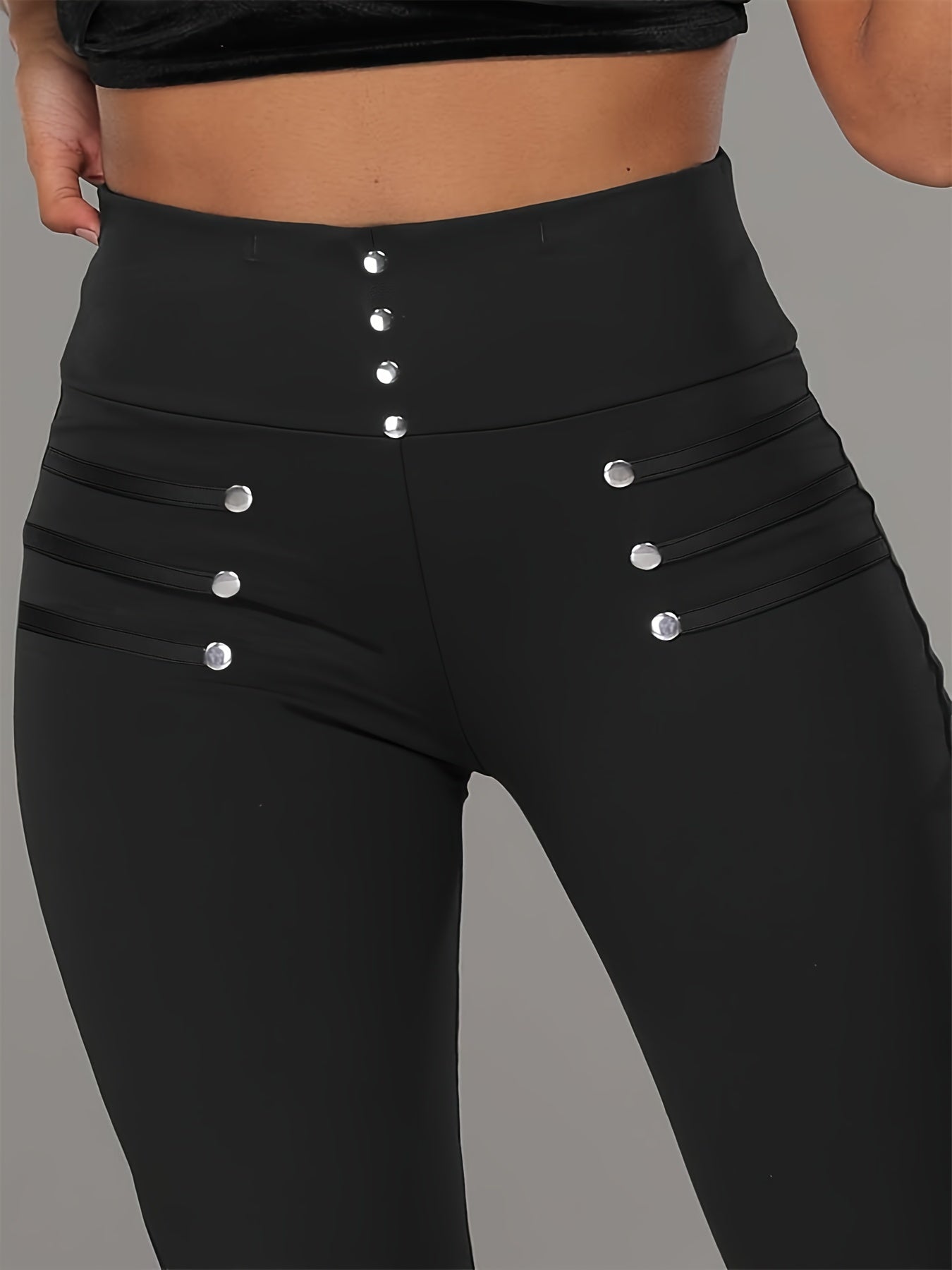 High-waist black button detail casual skinny pants for women