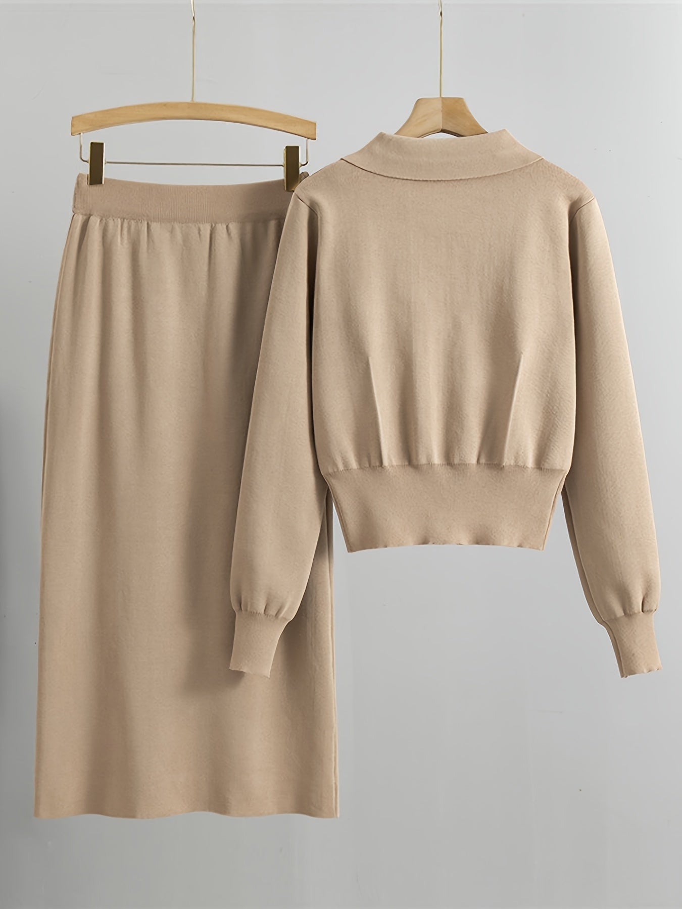Two-piece collared button-up sweater and skirt set for women