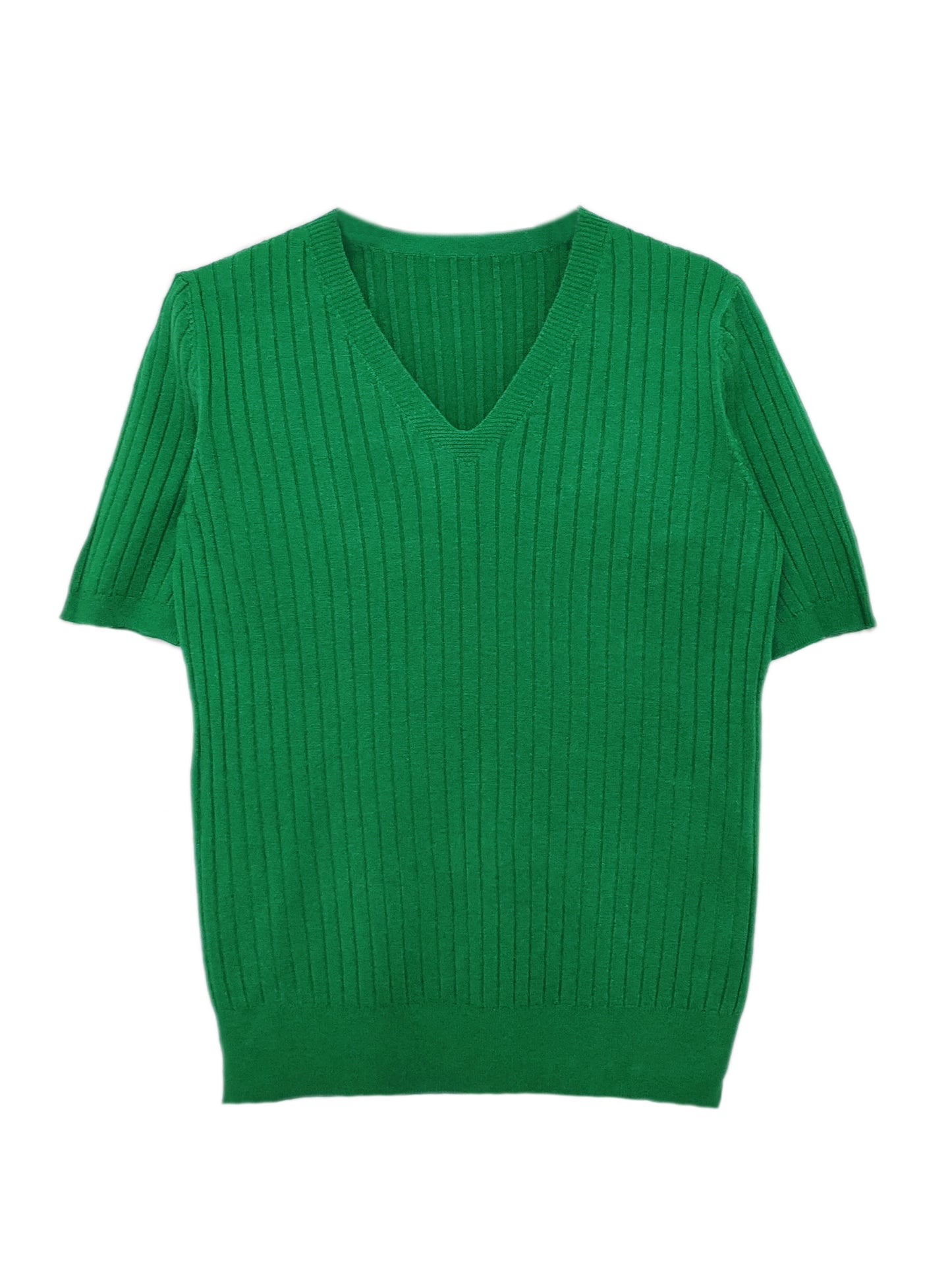 Stylish ribbed knit v-neck top with short sleeves and flattering fit for women