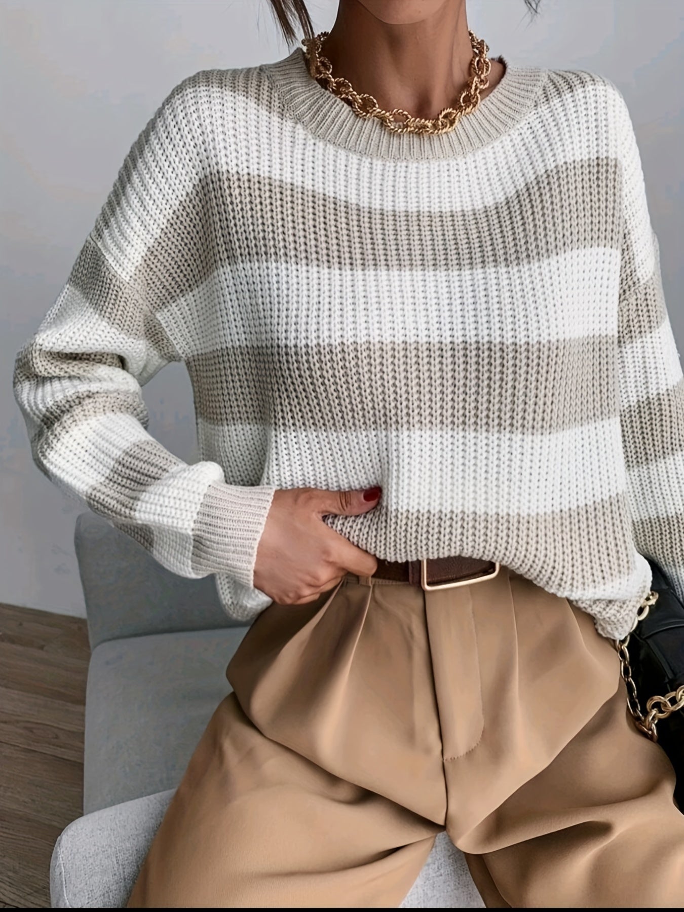 Loose Fit Striped Knit Top Sweater