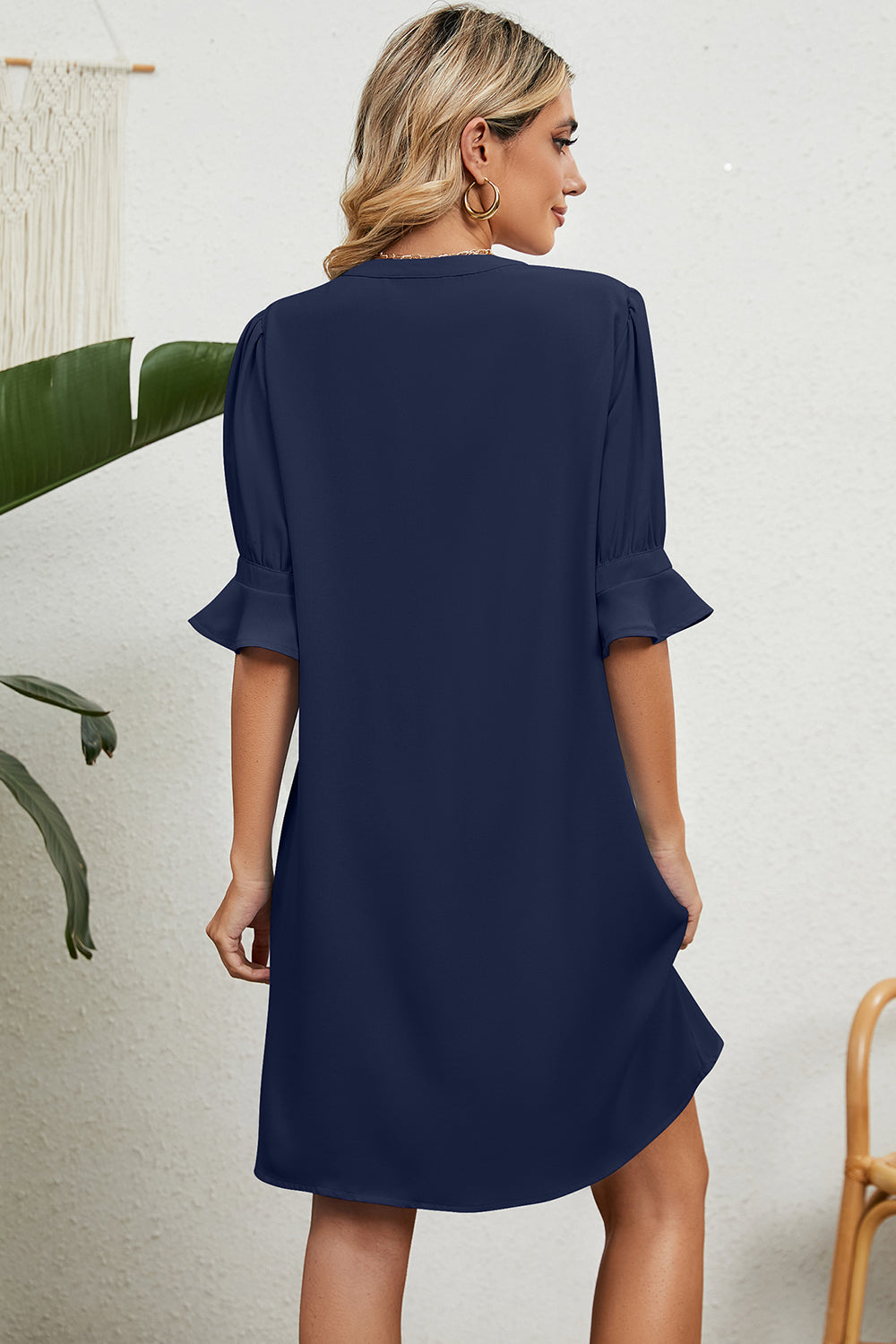 Women's Shift Dress - V-Neck - Elbow Sleeve with Ruffle Hem - Casual Loose Fit