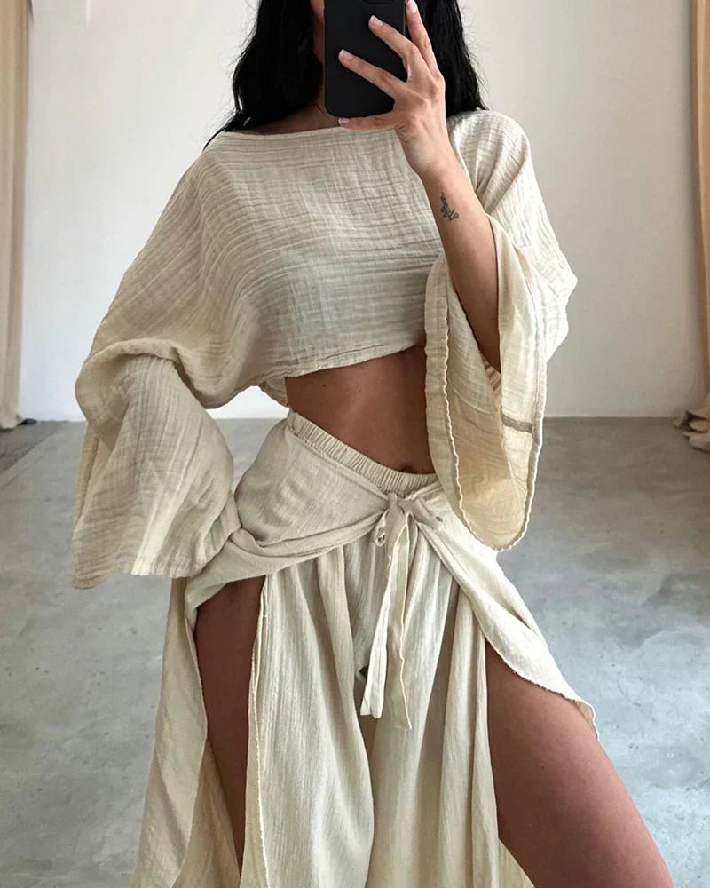 Women’s Two-Piece Set - Crop Top & Wide-Leg Pants - Bell Sleeve - High Waist Tie Front