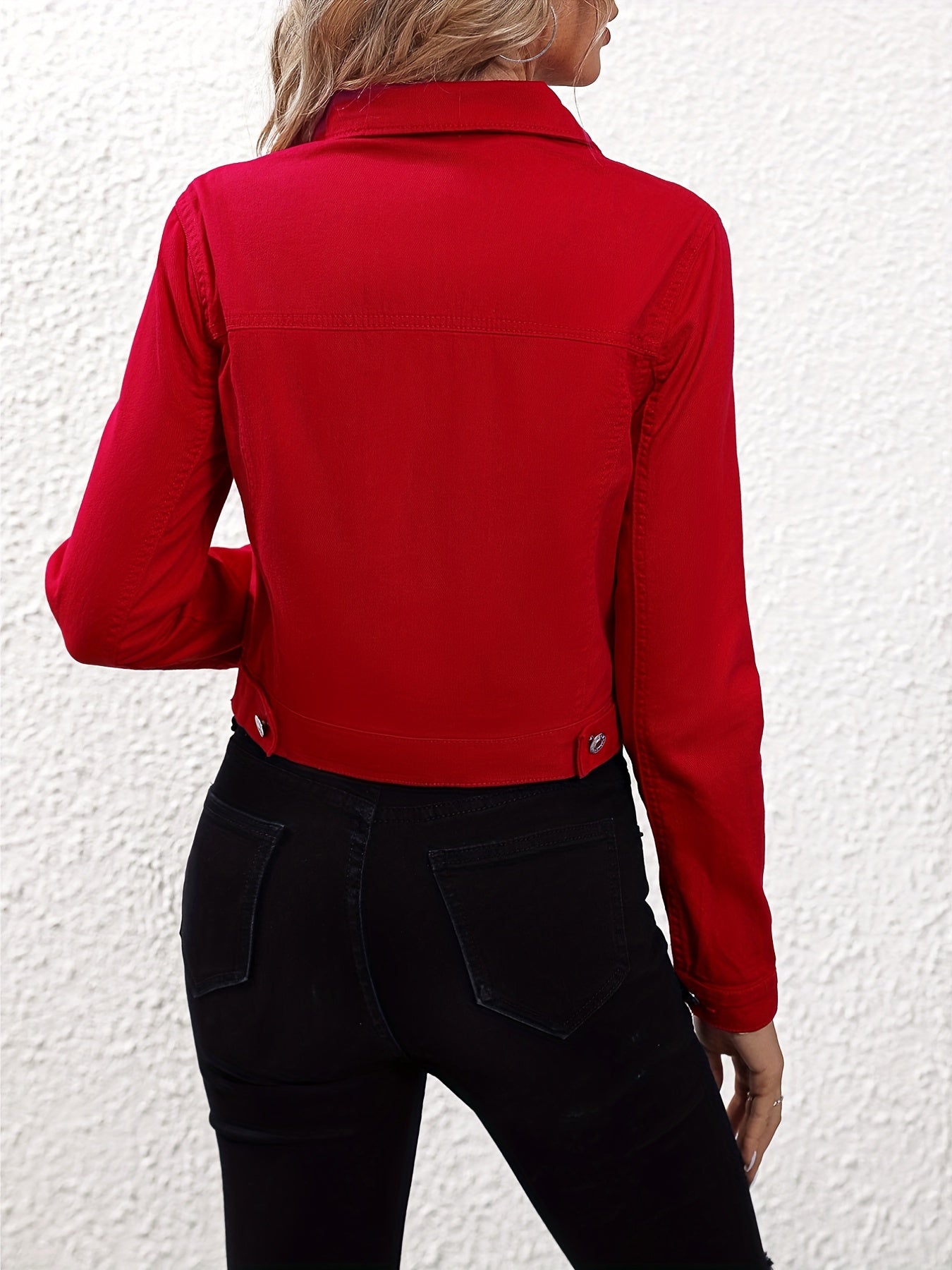 Red - women's short denim jacket with button down and long sleeves