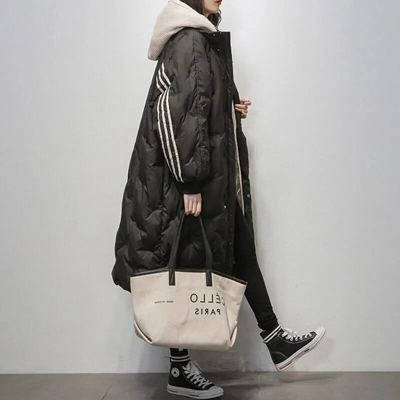 Women's Long Puffer Coat - Hooded Quilted Design - Mid-Calf Length - Down Insulated