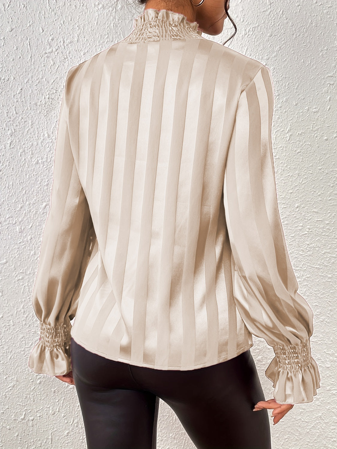 Women's Blouse - High Smocked Neck - Long Sleeve Ruffle Cuffs - Glossy Finish
