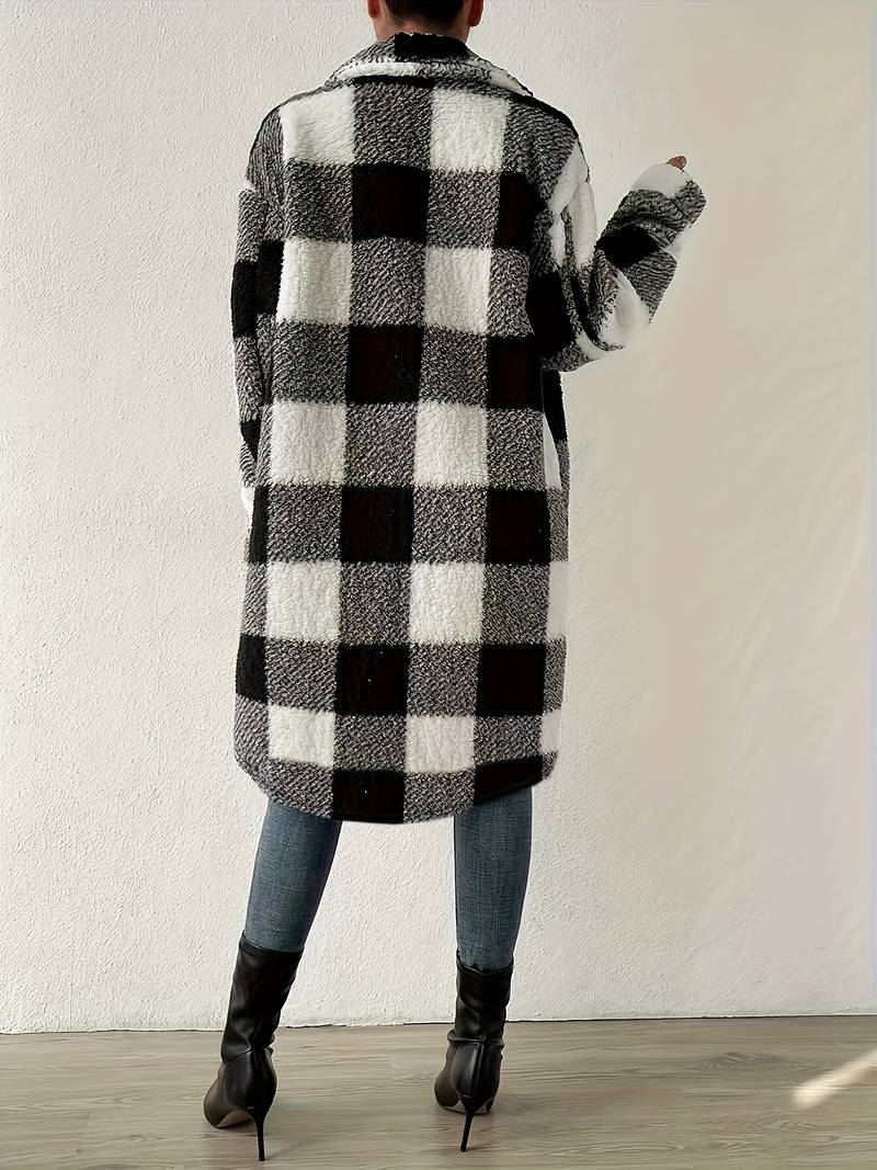 women's long checkered teddy jacket with buttons