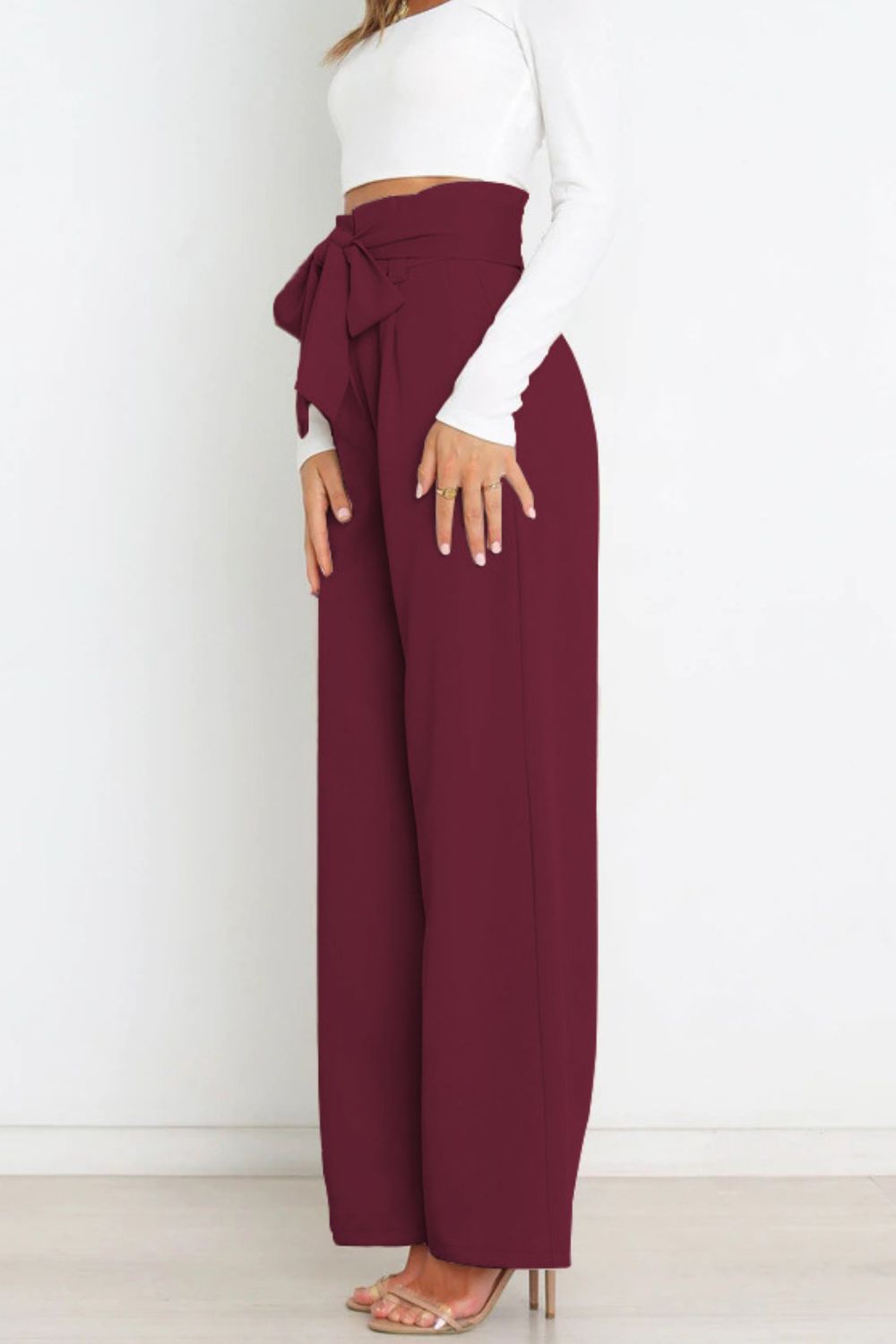 Women’s Wide-Leg Trousers – High Waist – Tailored Fit – Bow Waist Detail – Flowy Fabric