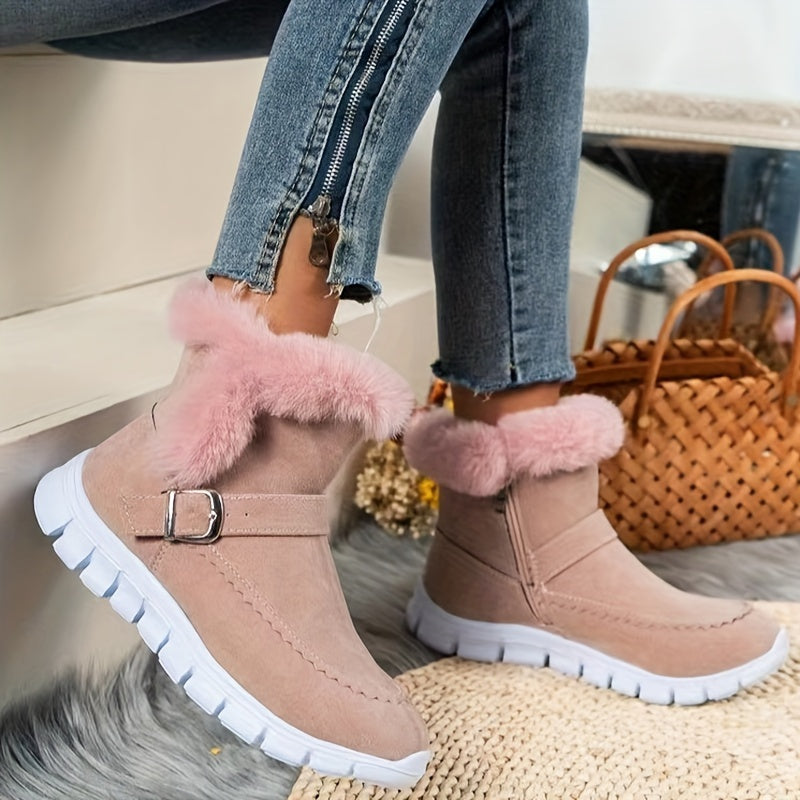Women's snow boots with buckle and side zipper