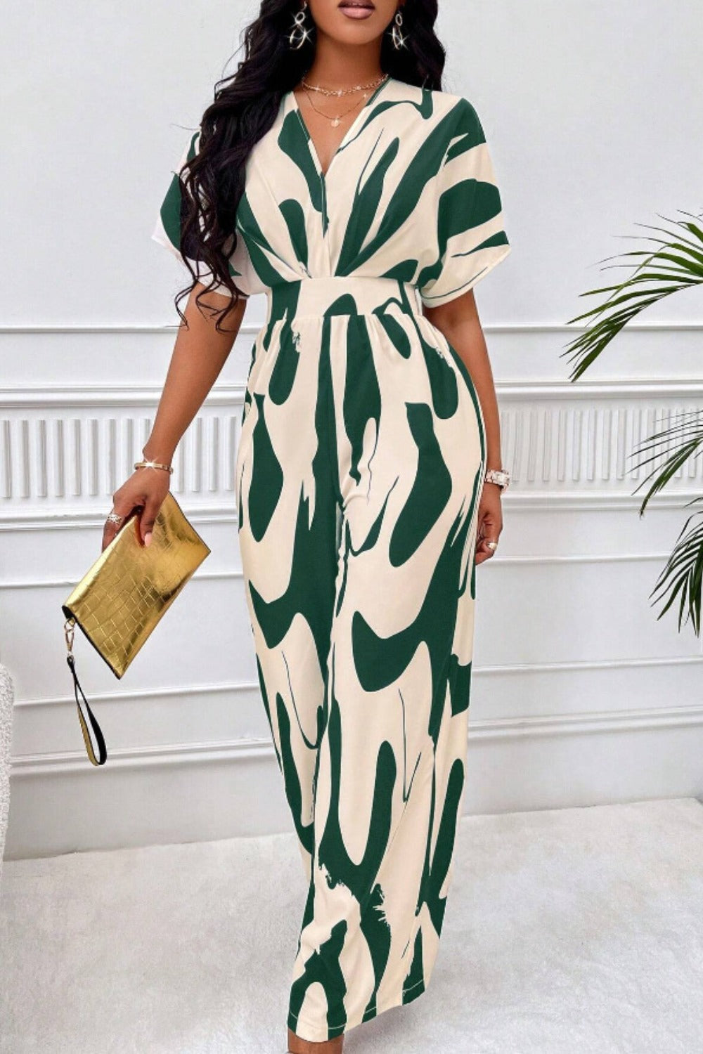 Women's Jumpsuit - V-Neck - Short Sleeve - Wide Leg - Cinched Waist - Lightweight