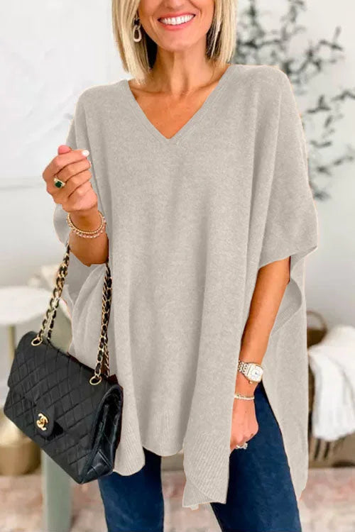 Women's Poncho Top - Loose Fit - Soft Knit - V-Neck Flowy Draped Style