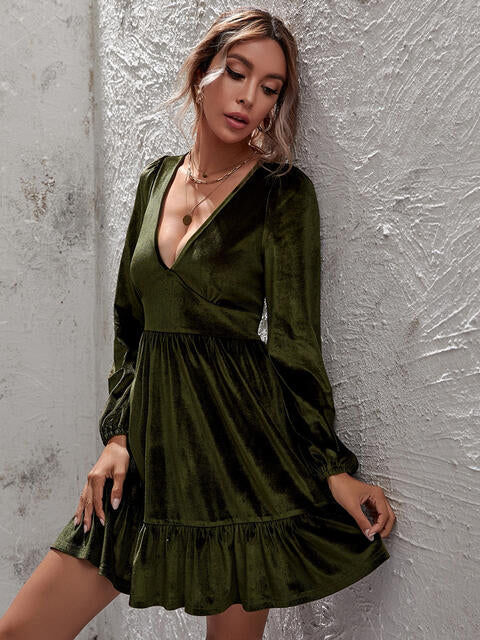 Women's Dress - Soft Luxe Fabric - Deep V-Neck - Long Balloon Sleeves - Ruffled Hem
