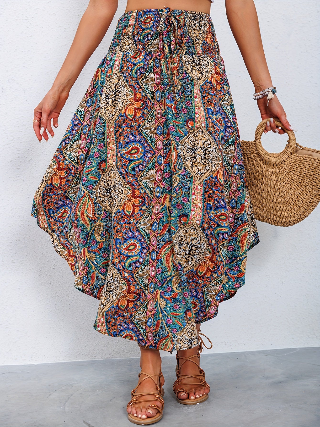 Women's Maxi Skirt - Bohemian Paisley Print - Asymmetrical Flowing Hem - Elastic Waist
