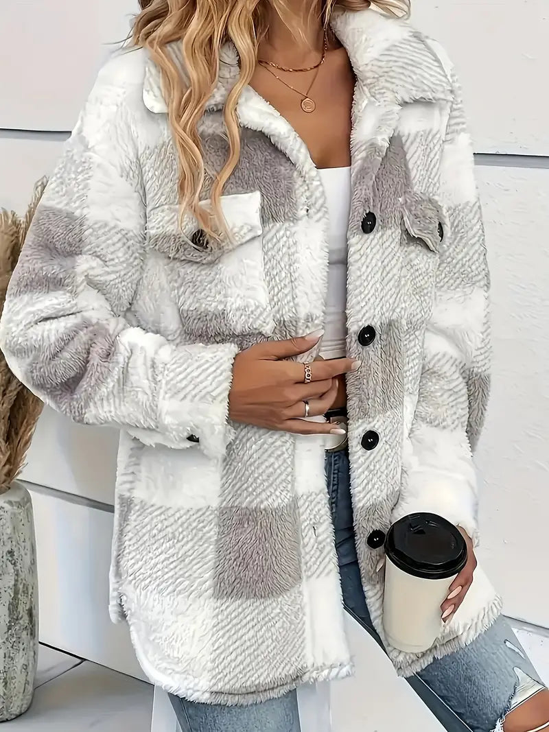 Women’s warm plaid lapel button plush jacket