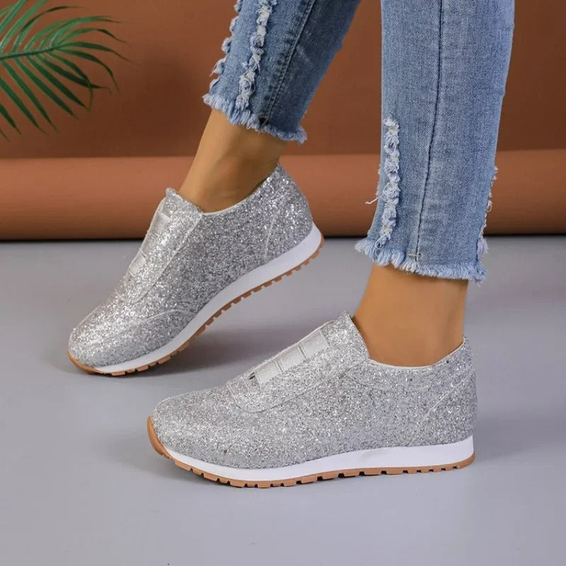 Women's Slip-On Sneakers - Glitter Finish - Round Toe - Casual Comfort Rubber Sole