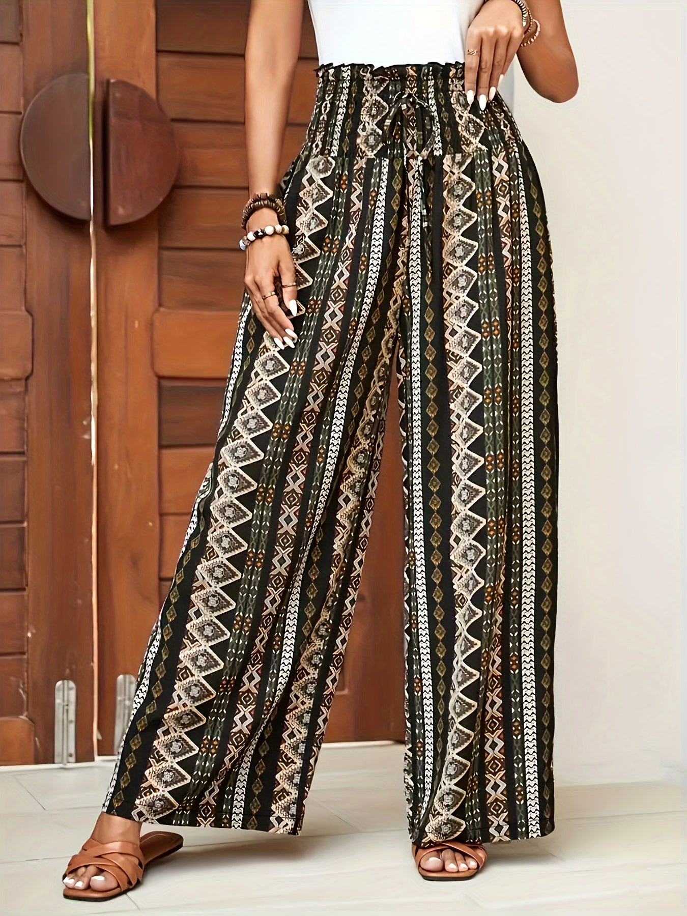 Women's Wide-Leg Pants - High-Waisted Bohemian Print - Flowing Relaxed Fit