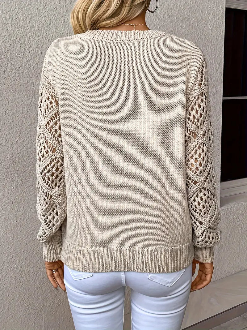 Women's spring autumn cut-out knit crochet jacquard v-neck sweater pullover