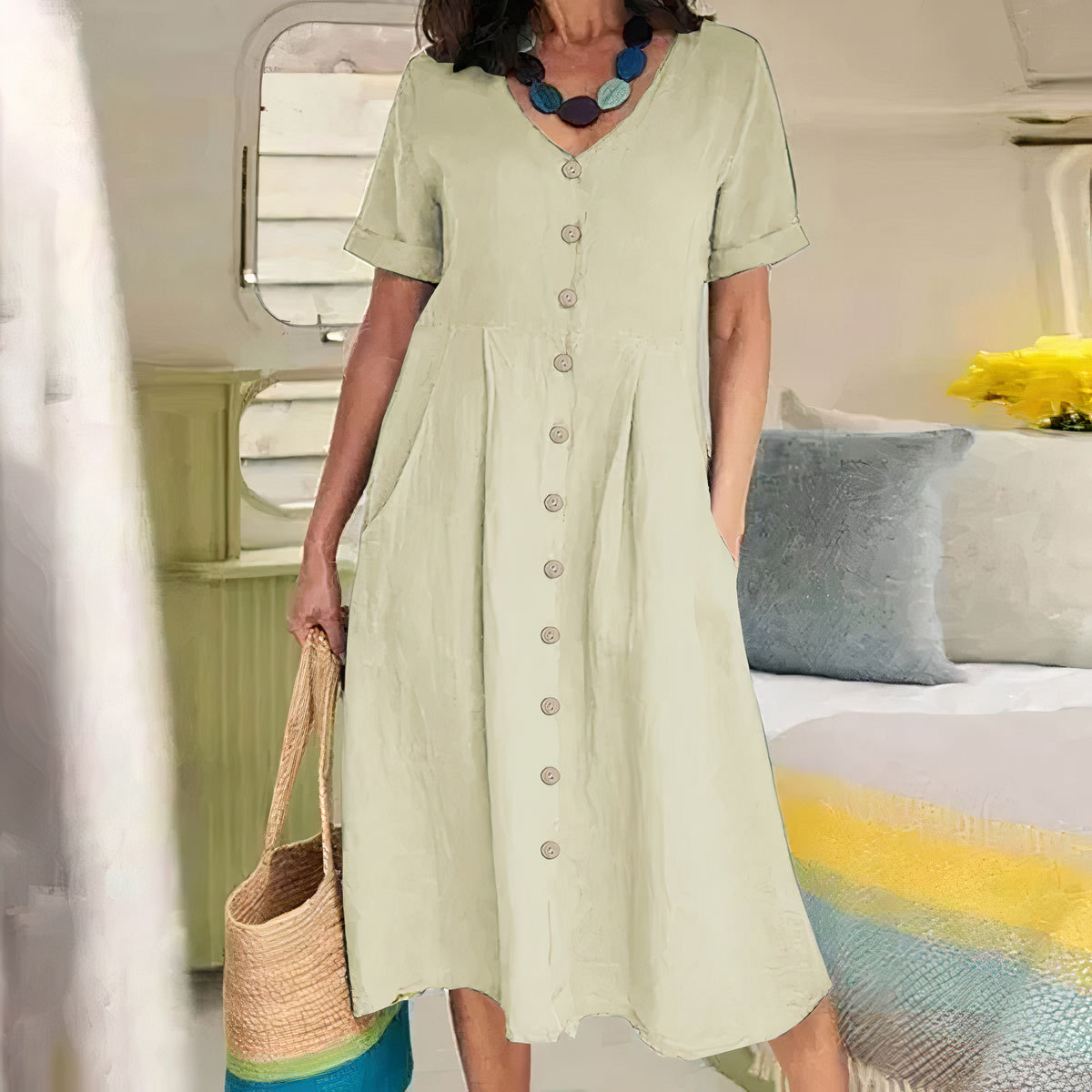 Women's Dress - Cotton Linen Blend - V-Neck Button Front - Short Sleeve Flared Fit