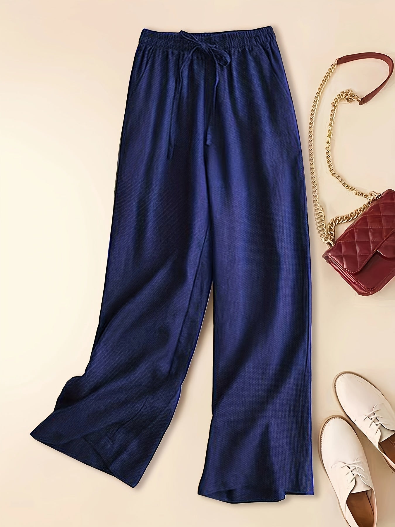 Women's Linen Wide-Leg Pants - Elastic Waist - Lightweight Breathable Fabric - Full Length