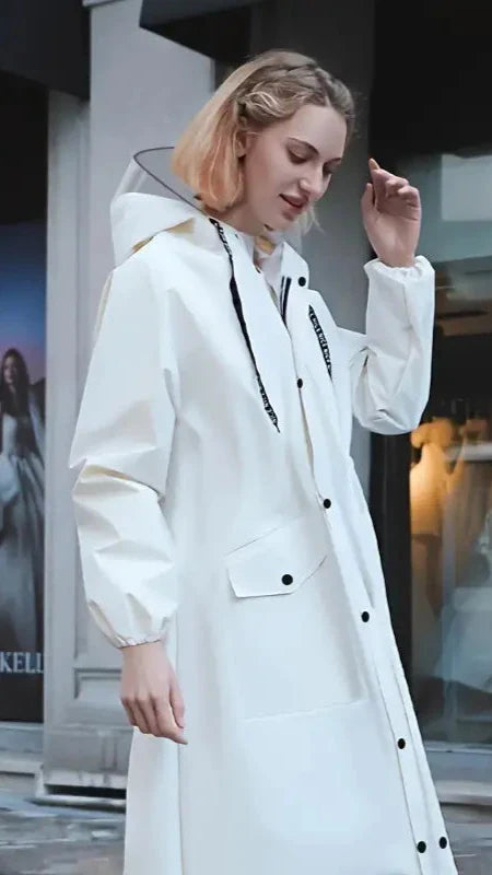 Women's long raincoat with hood and pockets