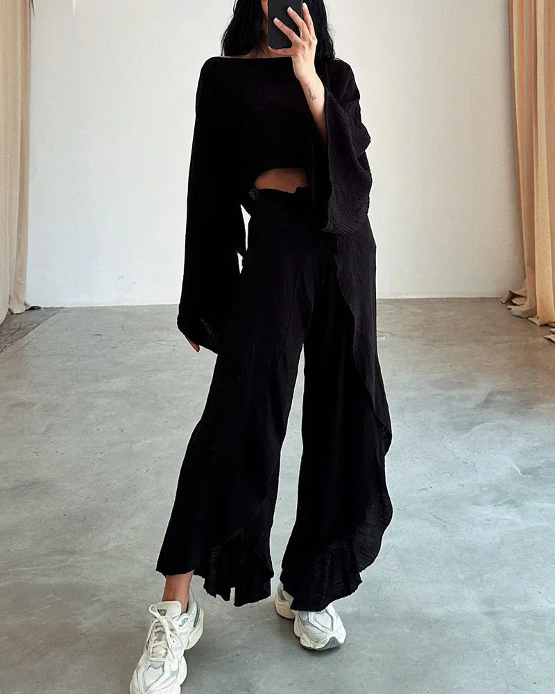 Women’s Two-Piece Set - Crop Top & Wide-Leg Pants - Bell Sleeve - High Waist Tie Front
