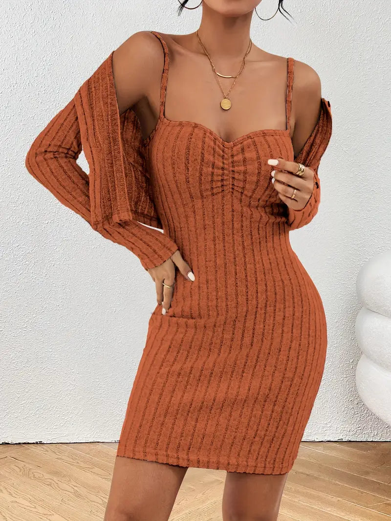 Two-piece ribbed button-up cardigan and bodycon dress set for women