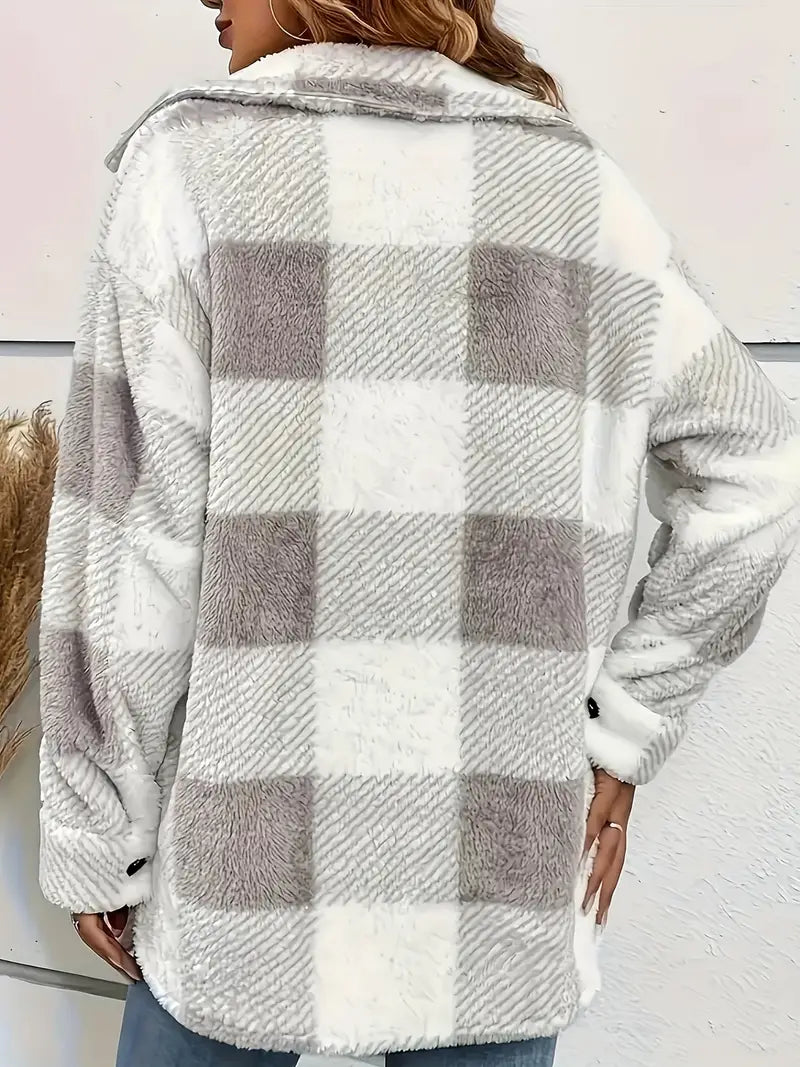 Women’s warm plaid lapel button plush jacket