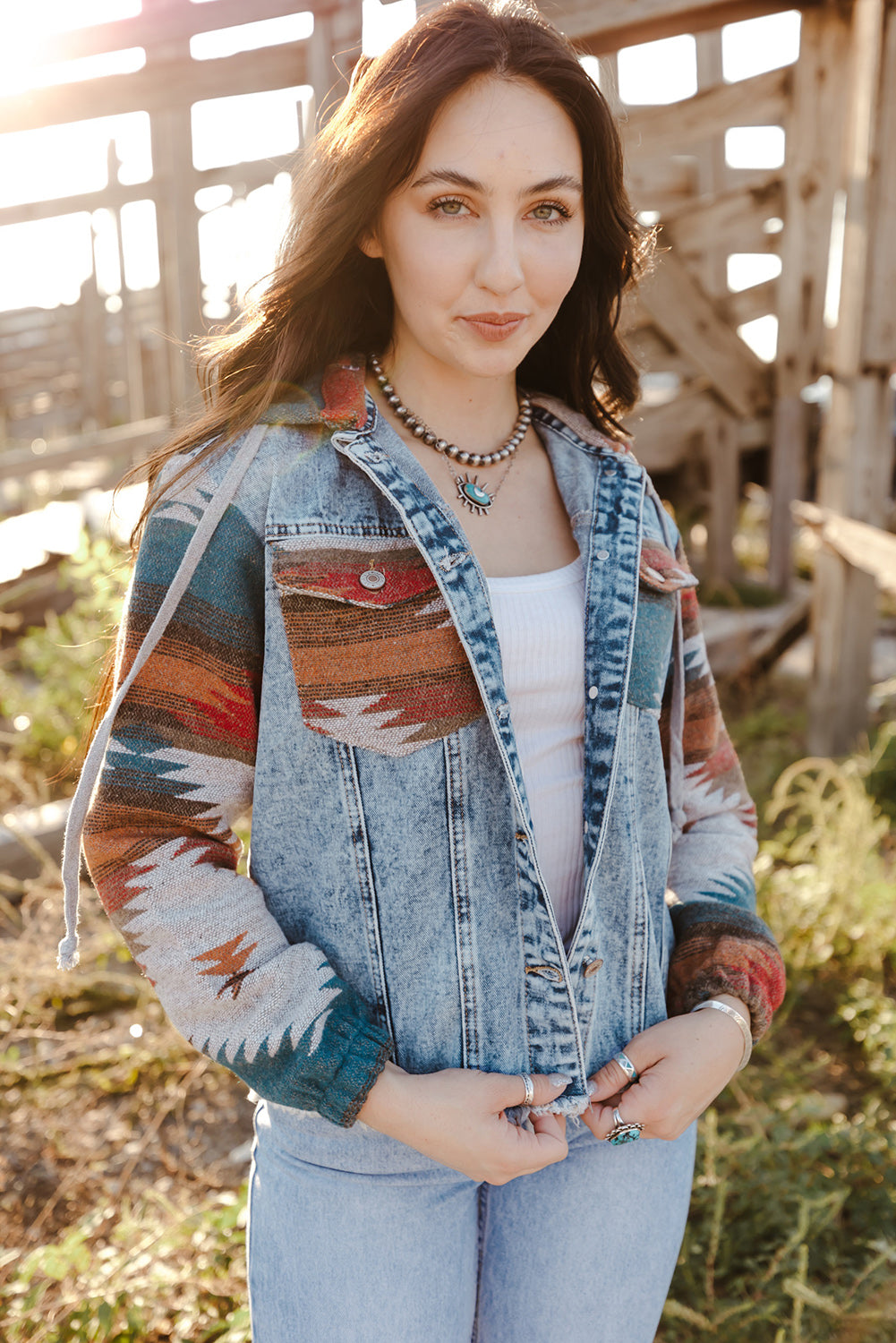 Elegant denim patchwork jacket with button-down design for women