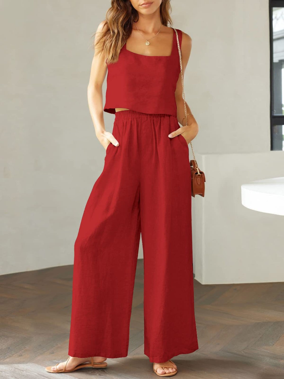 Women's square neck top and wide leg pants set