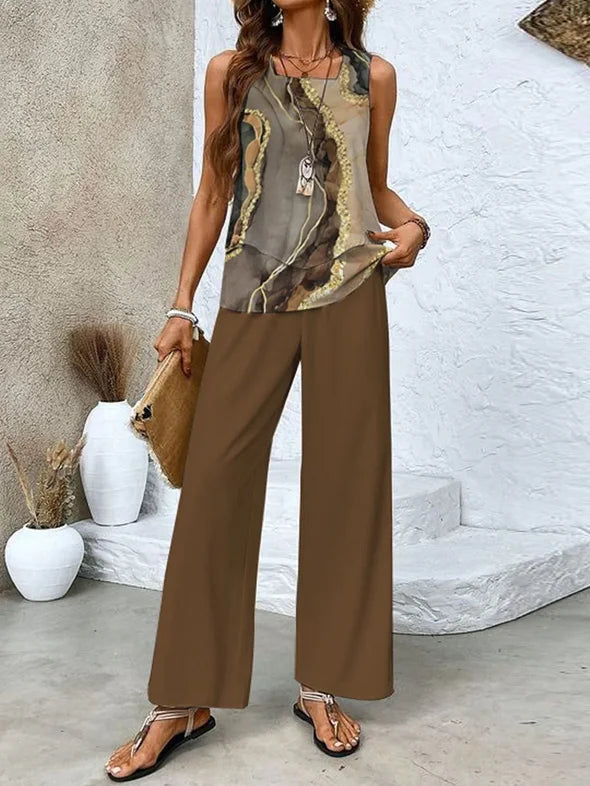 Women’s Two Piece Set – Sleeveless Abstract Top – Wide Leg Pants – Breathable Blend