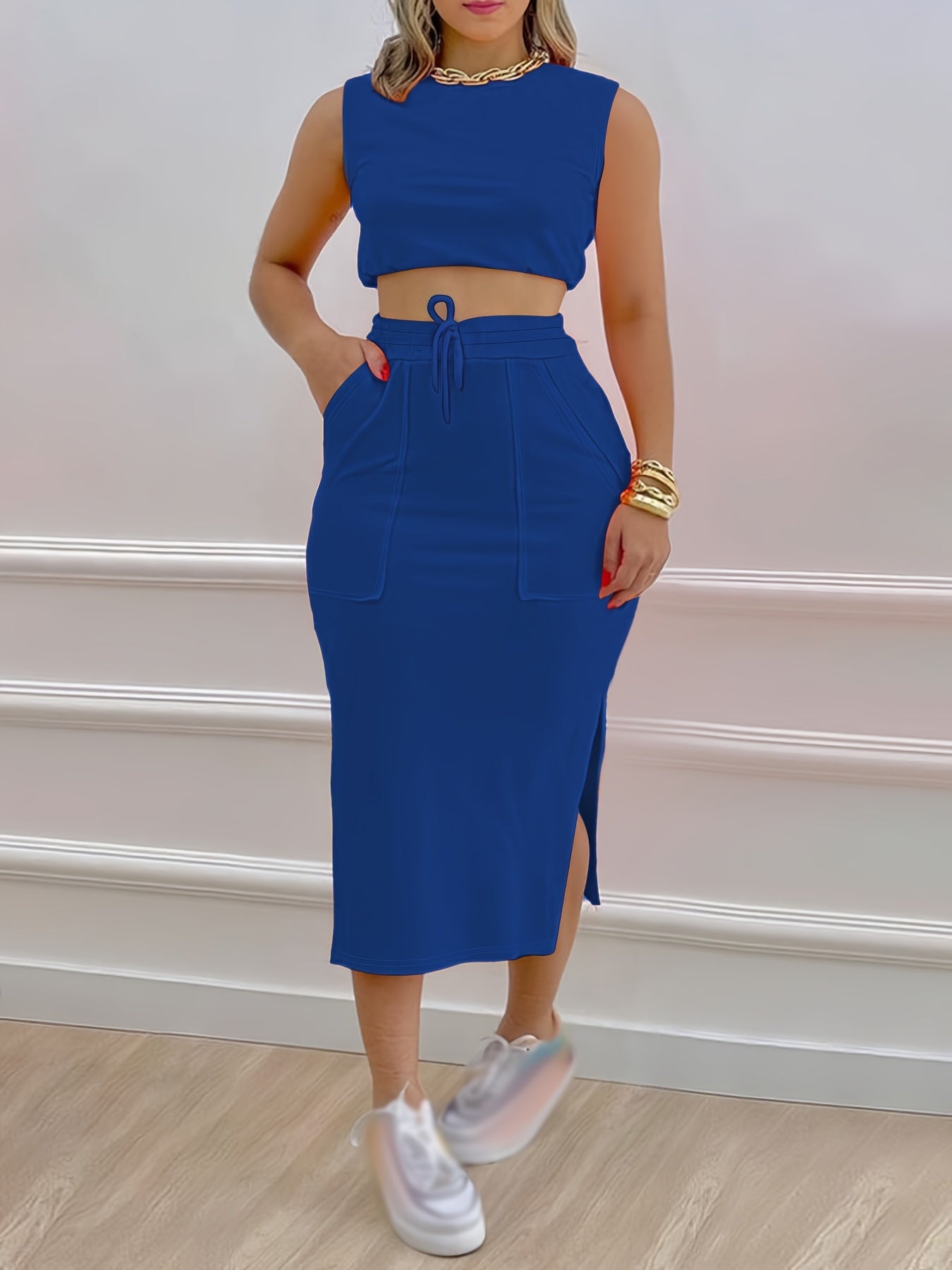 Two-piece sleeveless crop top and drawstring midi skirt set for women