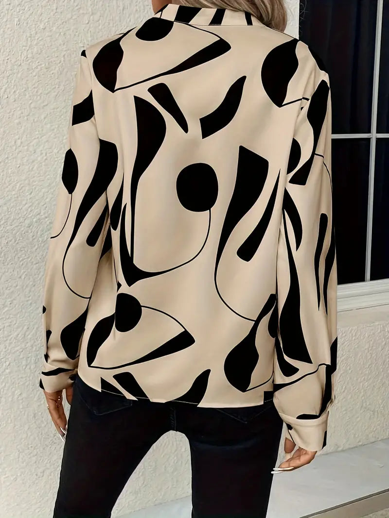 Women's V-Neck Blouse - Relaxed Fit - Abstract Print - Long Sleeve Elegant Design