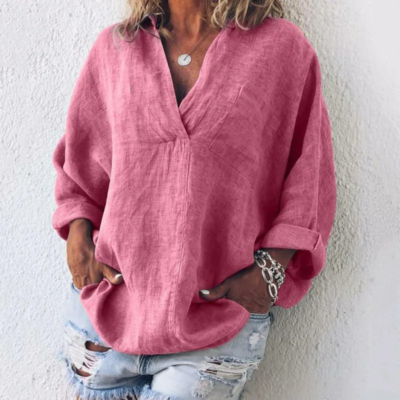 Women's Oversized Linen Blouse - V-Neck Collared - Long Sleeve Lightweight Casual Wear