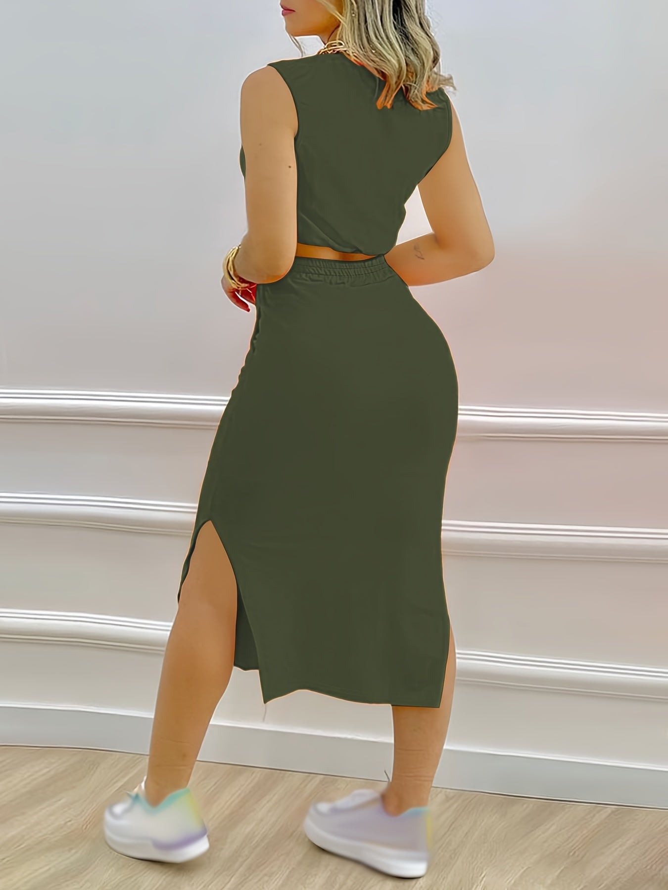 Two-piece sleeveless crop top and drawstring midi skirt set for women