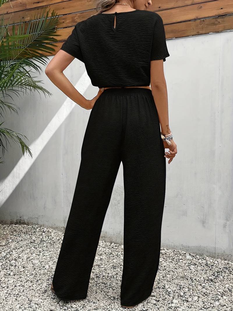 Two-piece wide-leg pants and crop top set for summer women