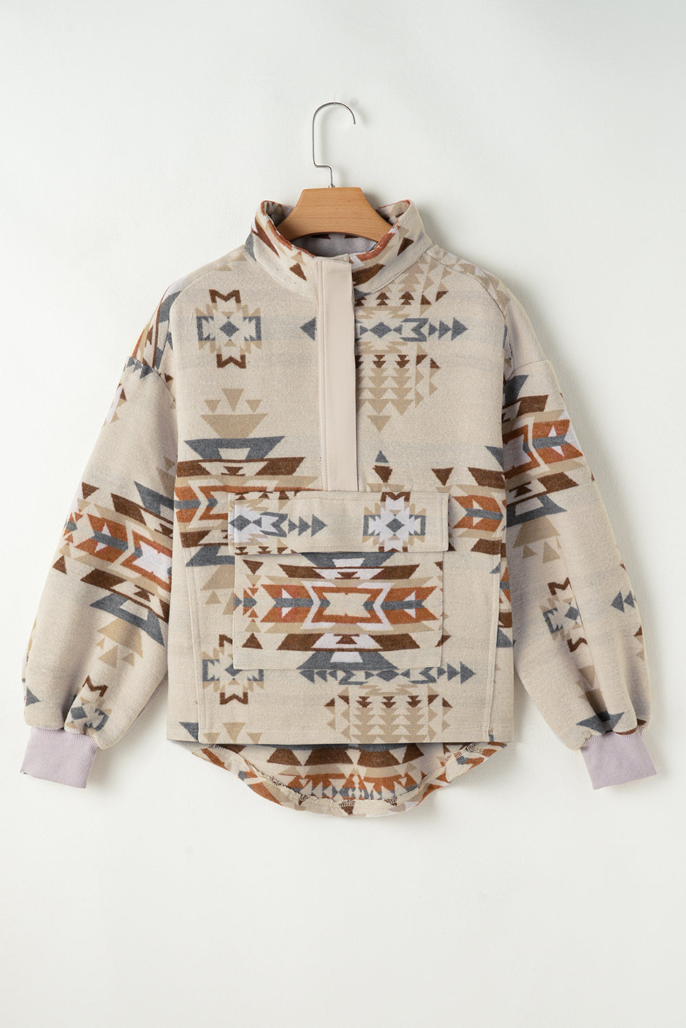 Women's Pullover Sweater - Geometric Tribal Pattern - Henley Neck - Relaxed Fit