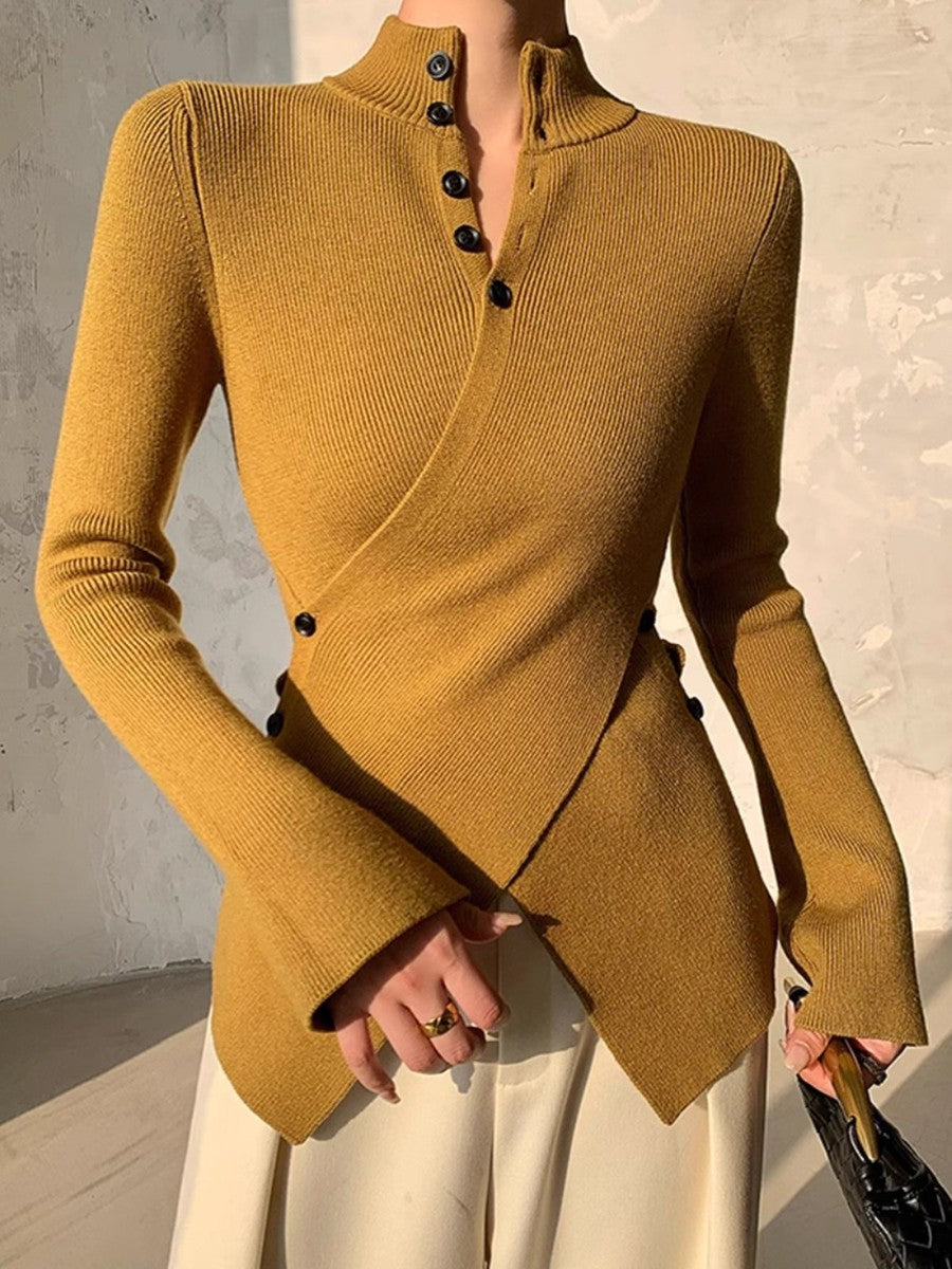 Women's high neck wrap style irregular hem knit top