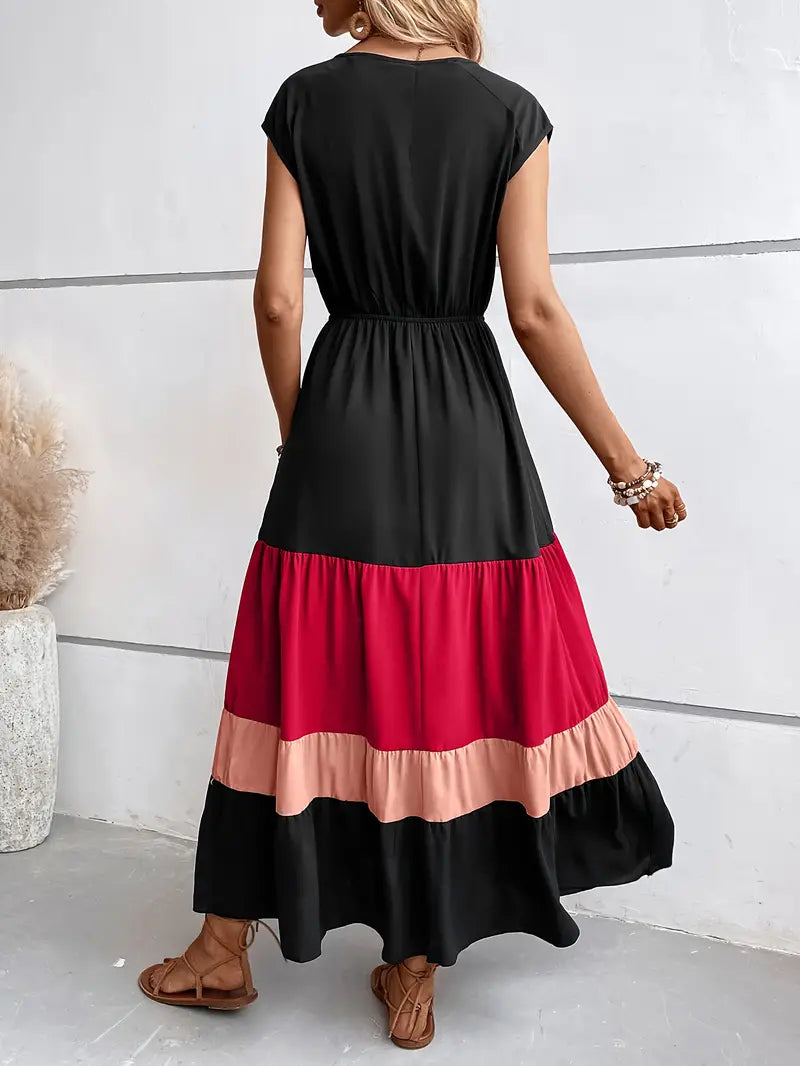 Cinched Waist Flowing Asymmetrical Maxi Dress