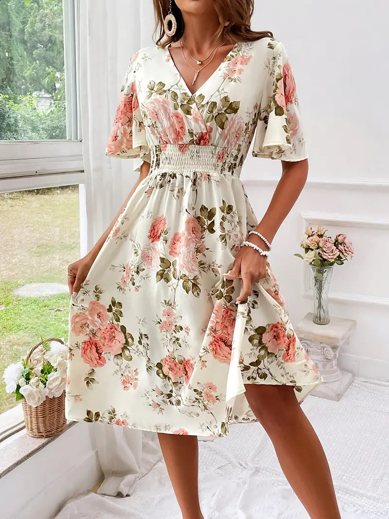 Women's Floral A-Line Dress - V-Neck - Short Flutter Sleeves - Knee-Length Flowy Fit