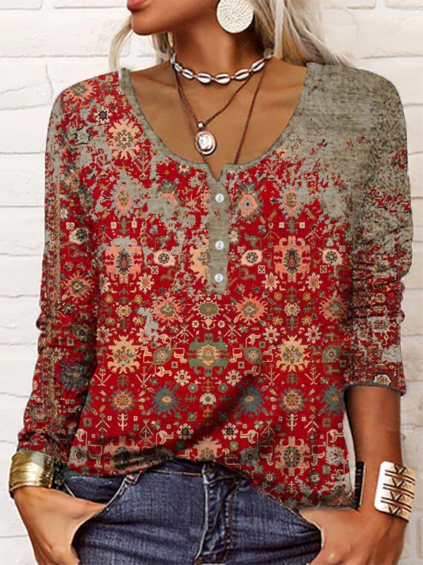 Women's Boho Blouse - Long Sleeve - Henley Neck - Relaxed Fit - Patterned Casual Wear
