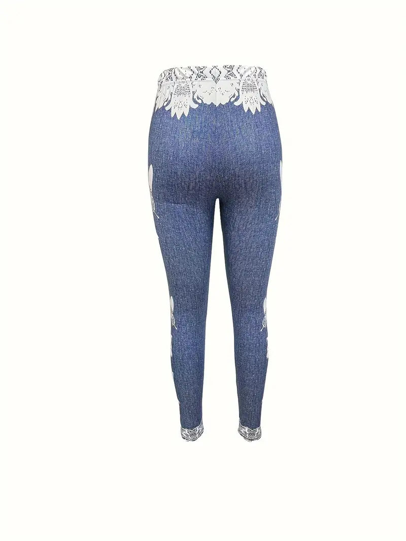 Women's Leggings - Denim Print Stretch Fit - High Waist - Lace Cuff Butterfly Detail